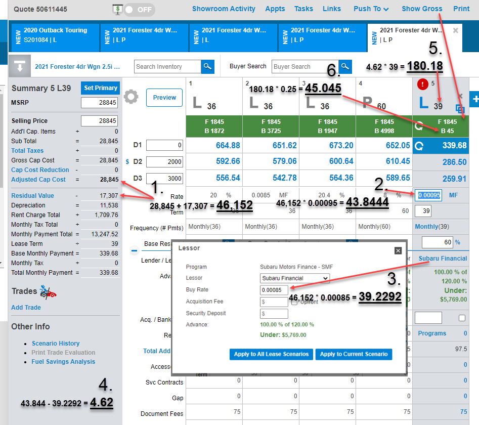 How is back gross calculated on a deal in desking using finance reserve